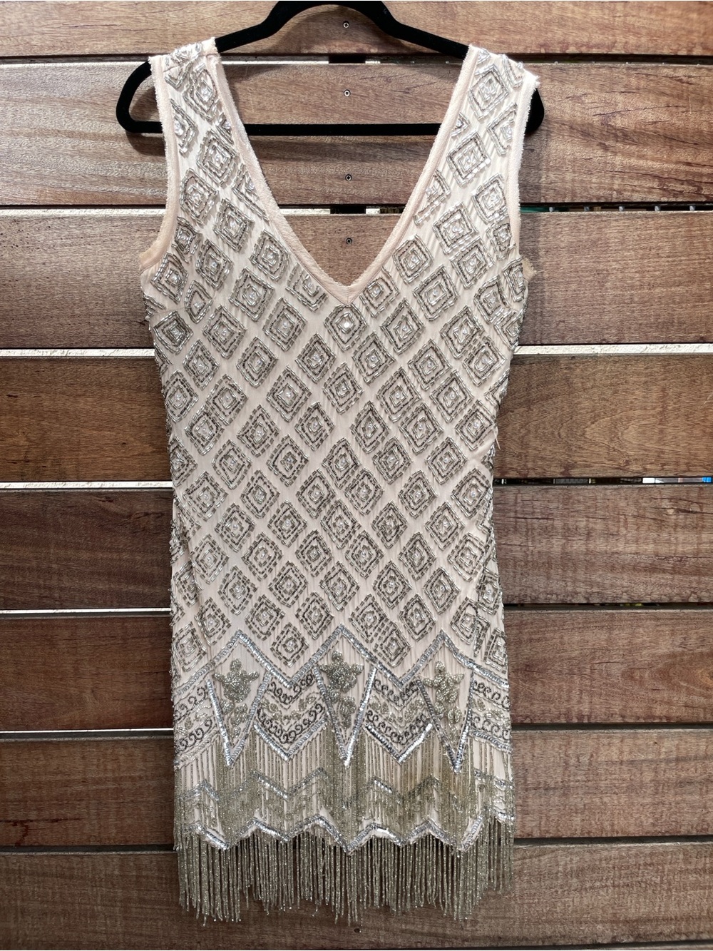 Bebe Black label Hand Beaded Fringe Flapper Mini Dress, Silk, Size L